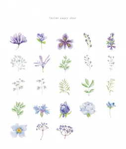 Macro detail of 23 watercolor floral stickers featuring purple flowers and green leaves