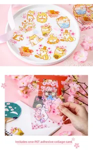 Detail showing PET cherry blossom girl and shiba inu stickers with a translucent card