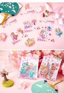 Macro detail of Cherry Girl PET stickers featuring kimono figures and sakura petals
