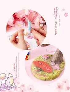 Close-up of waterproof PET cherry blossom girl stickers showing self-adhesive backing detail