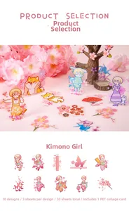 Detail of PET stickers showing Japanese cherry blossom girl, shiba inu and origami patterns
