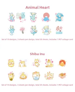 Detailed flat lay of 30 pieces Japanese style PET stickers with cute animal designs