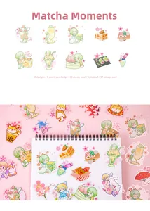 Detailed view of Matcha Time PET stickers showing various cute girl and dessert designs