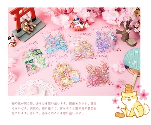 Detail of Cherry Girl PET stickers with anime girls and Shiba Inu on a pink background