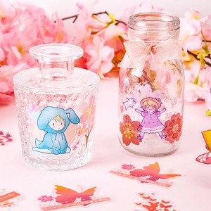 Japanese sakura girl PET stickers on glass jars with floral decorative elements