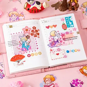 Pink Sakura girl PET stickers and Japanese style journal cover with floral anime designs