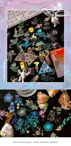 Autocollants laser dorés détaillés avec motifs d'astronaute et de fleurs pour scrapbooking