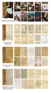 Collage of vintage scrapbook papers with film camera, academic, music and letter themes