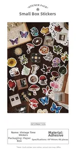 Macro view of vintage aesthetic stickers with butterfly, flower and mushroom motifs