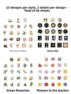 Close-up of assorted vintage DIY stickers featuring coffee, starry sky, and floral themes