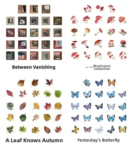 Detail view of retro themed stickers featuring mushrooms, butterflies and autumn leaves