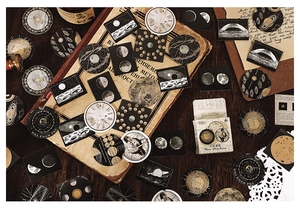 Vintage astronomical sticker set with planets, moon phases, and golden stars details