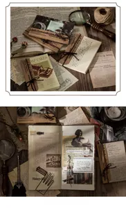 Detail of vintage Loft Book Collection junk journal paper with rustic jute rope texture