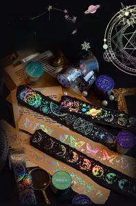 Detailed macro view of White Night Flying PET tape with laser silver butterfly and moon phase