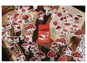 Macro detail of vintage mushroom stickers and red packaging box on a retro desktop