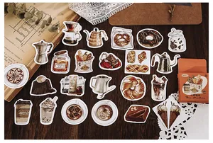 Detail of 46 vintage coffee and bread themed stickers for DIY scrapbooking decor