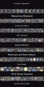 Detailed view of eight celestial and mystical PET tapes with silver laser finish