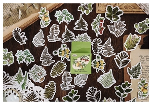 Detailed view of 46 vintage botanical stickers featuring fern leaves and citrus for journaling