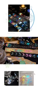 Macro detail of laser silver PET tape with celestial moon and star patterns for journaling
