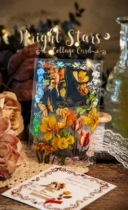 Close-up of vintage PVC collage cards with holographic starry floral patterns for journaling
