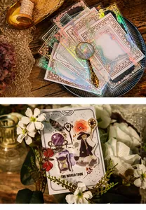 Detail of vintage scrapbooking stickers with foil borders and magical theme illustrations