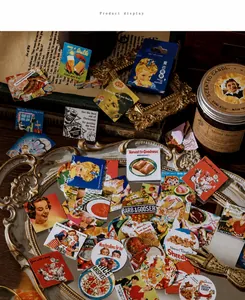 Close-up of vintage American style stickers featuring nostalgic figures and food art
