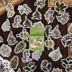 Retro botanical deco stickers set with vintage leaf and fruit patterns, 46 piece box