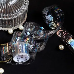 Holographic PET tape with silver laser space motifs, planets and star constellations