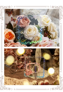 Macro detail of vintage laser PET stickers with ornate floral frames and illustration