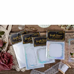 Retro PET star border stickers on vintage wood background with lace and dried flowers
