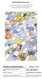 Flat lay of 46 floral photography stickers with 4-color printing on white grid background