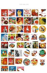 Macro view of retro vintage mid-century American advertising stickers with multiple designs