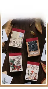 Macro view of vintage washi sticker book set on dark wood with retro props