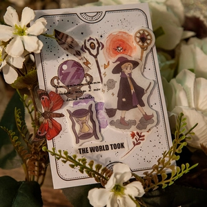 Vintage magic theme PVC stickers with witch and crystal ball designs for DIY journals