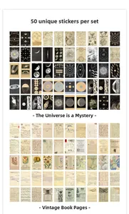 Detail view of 50 unique vintage washi stickers with celestial and old newspaper motifs
