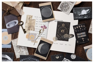 Vintage astronomy washi stickers featuring moon phases and celestial maps for scrapbooking