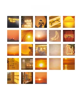 Collection of 23 aesthetic sunset scenery stickers with warm orange tones and neon lettering