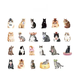 Detailed view showing 24 unique watercolor cat stickers with artistic anthropomorphic themes