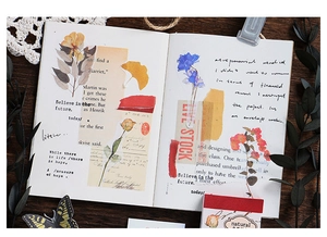 Macro view of vintage washi stickers with floral and butterfly patterns on wood