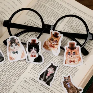 Retro cat stickers with vintage gentleman suits and glasses on old book pages