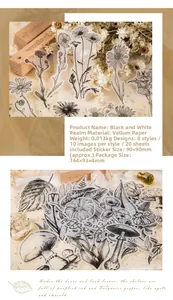 Detailed view of botanical vellum paper stickers with black and white plant sketches