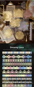 Detailed view of iridescent lace-cut paper strips for journaling with heart and floral patterns