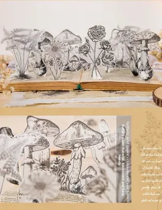 Translucent vellum stickers featuring hand-drawn botanical plants and mushrooms on old book pages