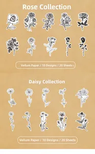 Close-up of black and white botanical vellum stickers featuring roses and daisies