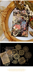 Macro shot of gold foil hollow lace paper with intricate butterfly and magic circle patterns
