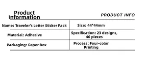 Detailed product specifications for vintage traveler adhesive stickers in a paper box