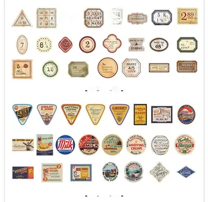 Detailed view of vintage themed adhesive stickers featuring food labels and ticket designs