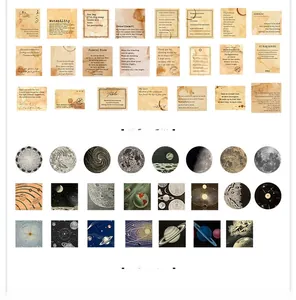 Macro detail of retro stationery stickers featuring coffee poems and celestial galaxy themes
