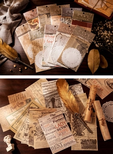 Detailansicht der Traces of Time Vintage-Papier-Kollektion auf dunklem Holzhintergrund