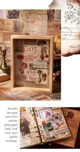 Details von Vintage-Scrapbooking-Papier-Set mit Pilz-Illustrationen und Holzrahmen